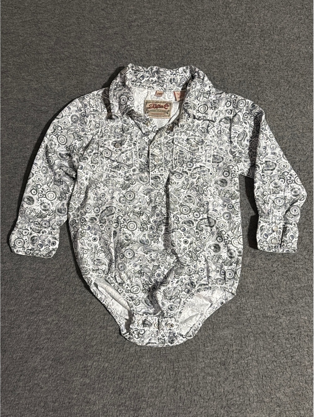 Raffler C Cowboy Collection Baby Bodysuit Shirt Pearl Snap 24M White Paisley
